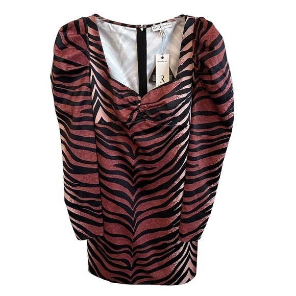 New Rare London Animal Print Mini Dress Long Sleeve Tiger Leopard NWT Sz 8 Large - Picture 1 of 16